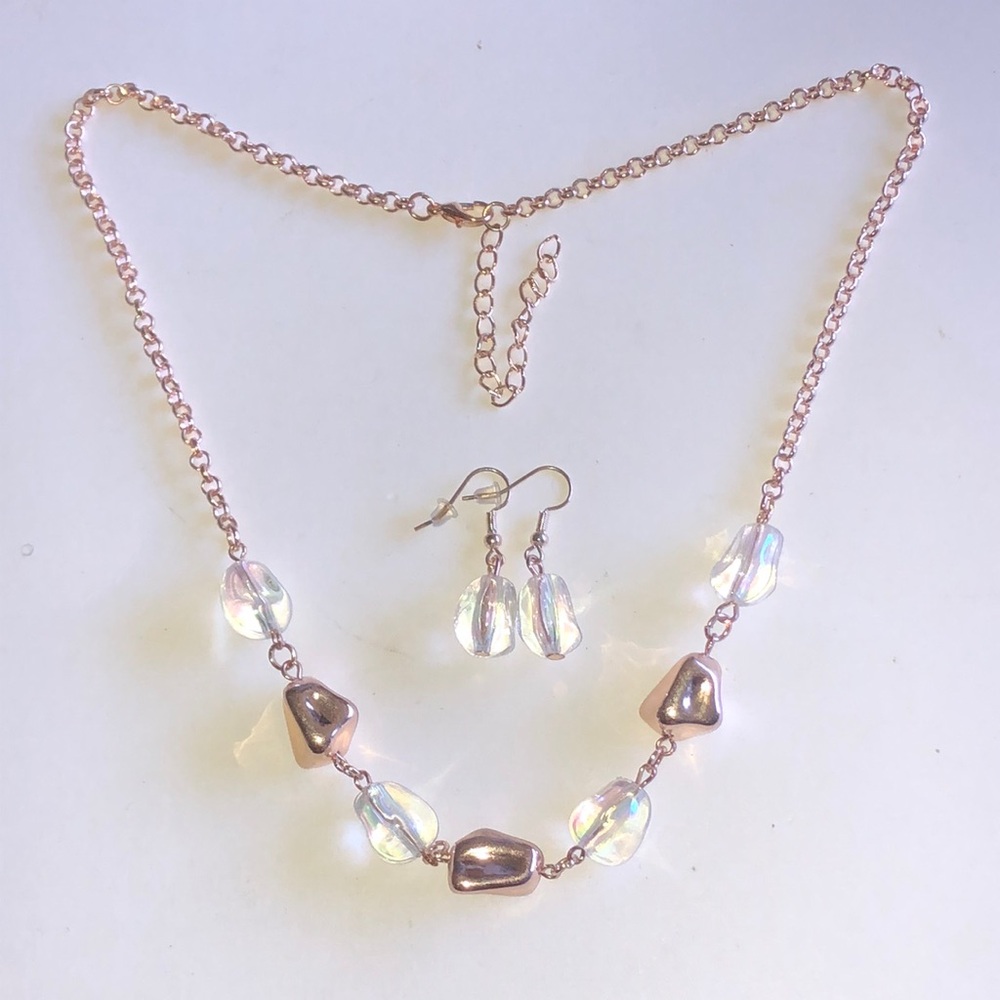 Iridescent Glass Bead Necklace & Earring Set - Rose Gold Tone
